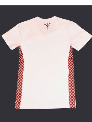 Back view of white T-shirt with checkered side accents.