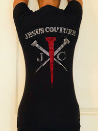 Back view of black short-sleeved T-shirt. Has jeweled Jesus Couture logo.