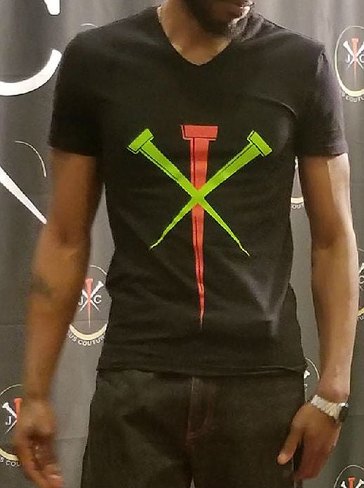 Black short-sleeved V-neck tee with neon red and green Jesus Couture logo.