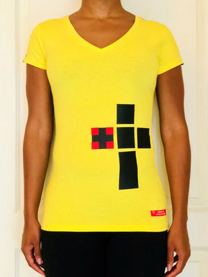 Yellow short-sleeved V-Neck shirt with black/red boxed cross on lower left side of the front.