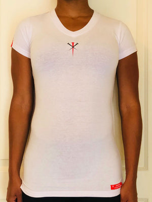 Front of white short-sleeved tee with red trim on shoulders.